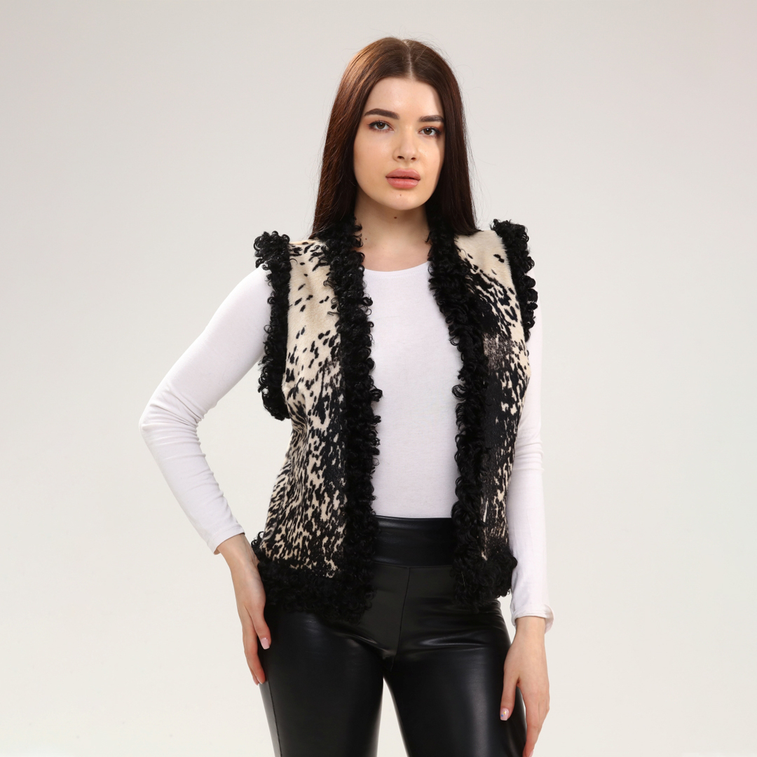 Hakiki Deri Beyaz Kadın Desenli Deri Yelek