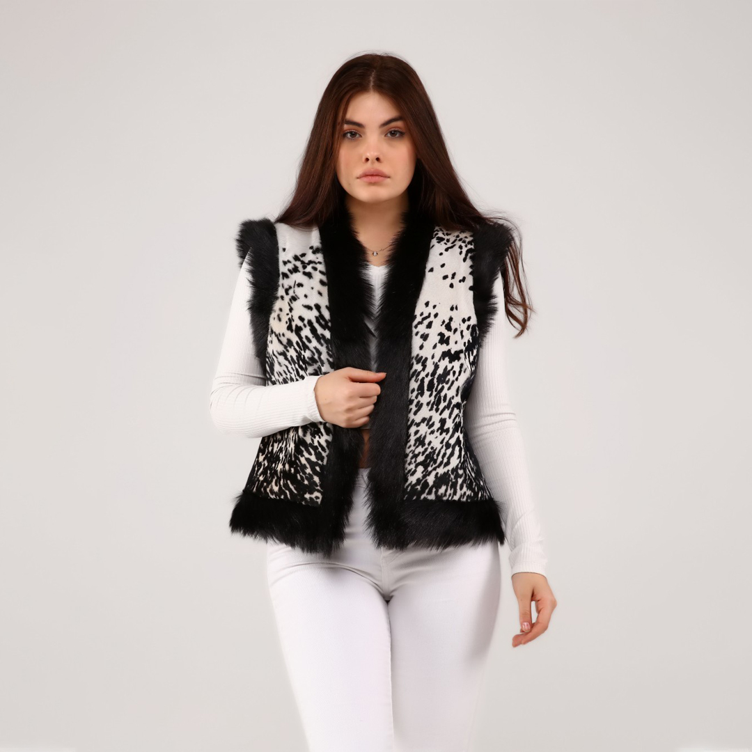 Hakiki Deri Beyaz Kadın Desenli Deri Yelek