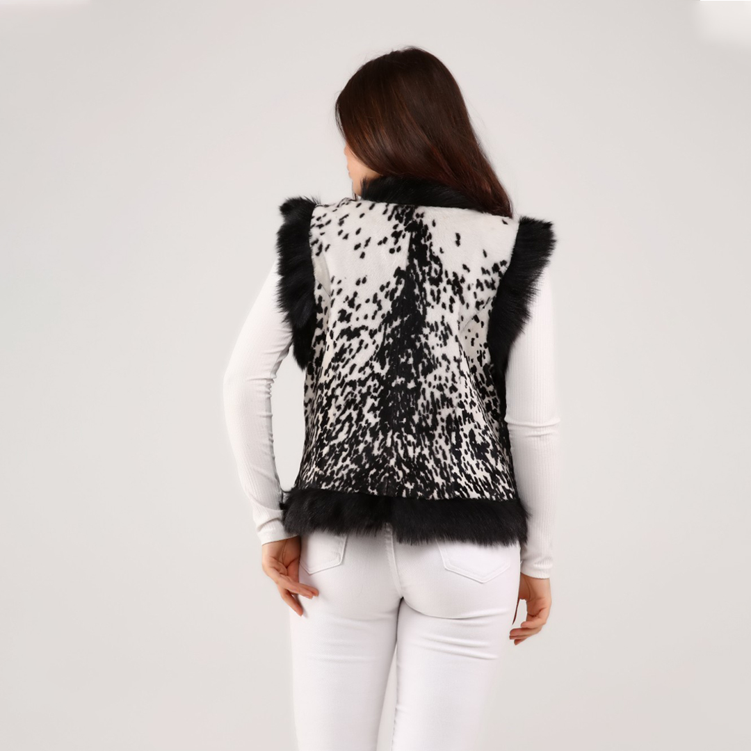 Hakiki Deri Beyaz Kadın Desenli Deri Yelek