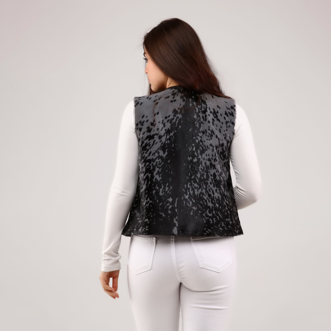 Hakiki Deri Gri Kadın Desenli Deri Yelek