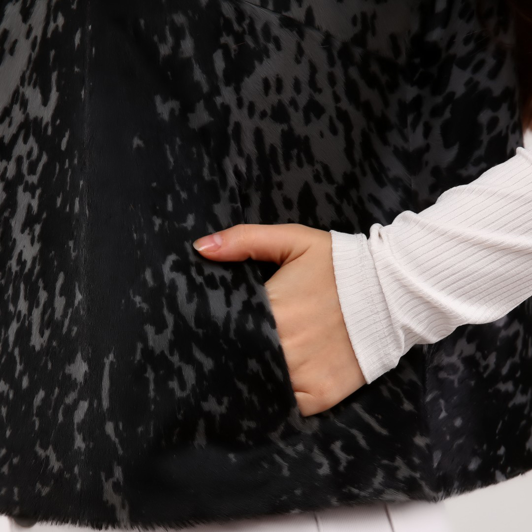 Hakiki Deri Gri Kadın Desenli Deri Yelek