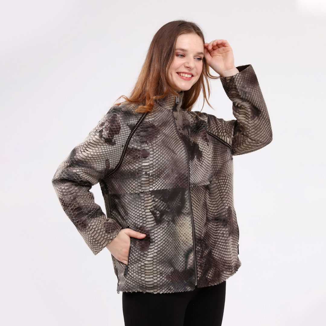 Hakiki Deri Kahve Kadın Anakonda Desenli Ceket