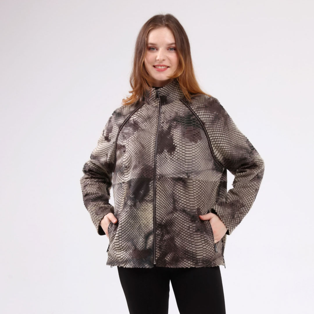 Hakiki Deri Kahve Kadın Anakonda Desenli Ceket