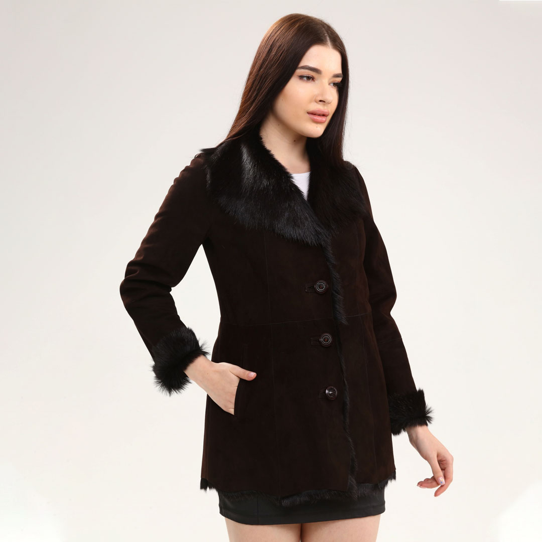 Hakiki Deri Kahve Kadın Süet Deri Kaban