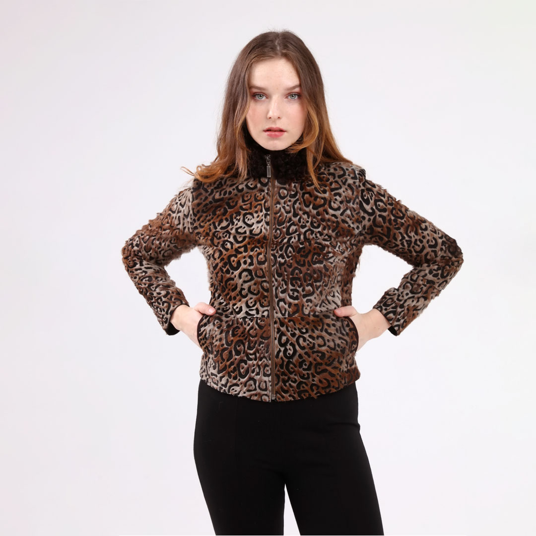 Hakiki Deri Kahverengi Kadın Leopar Desenli Ceket
