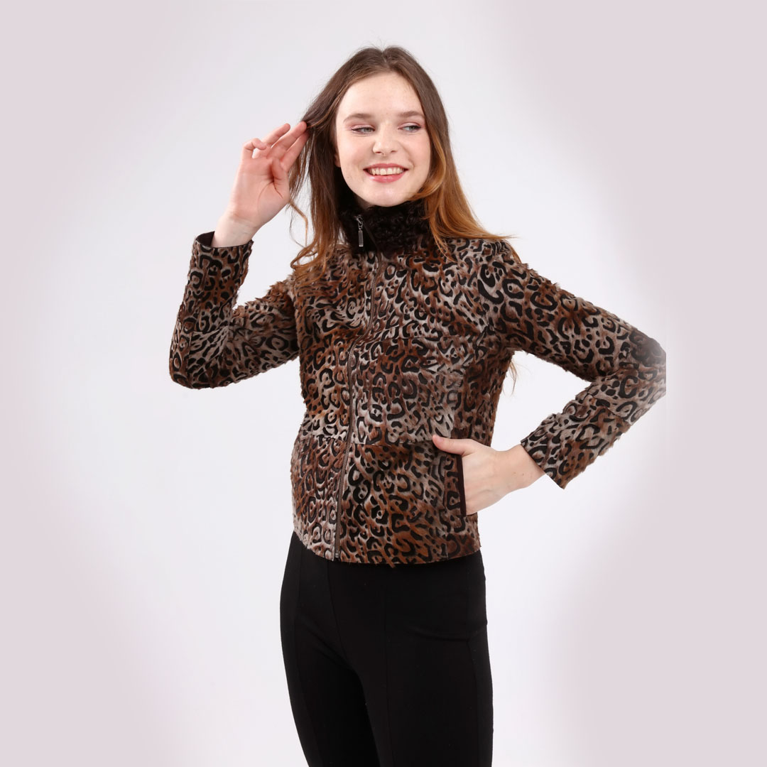 Hakiki Deri Kahverengi Kadın Leopar Desenli Ceket