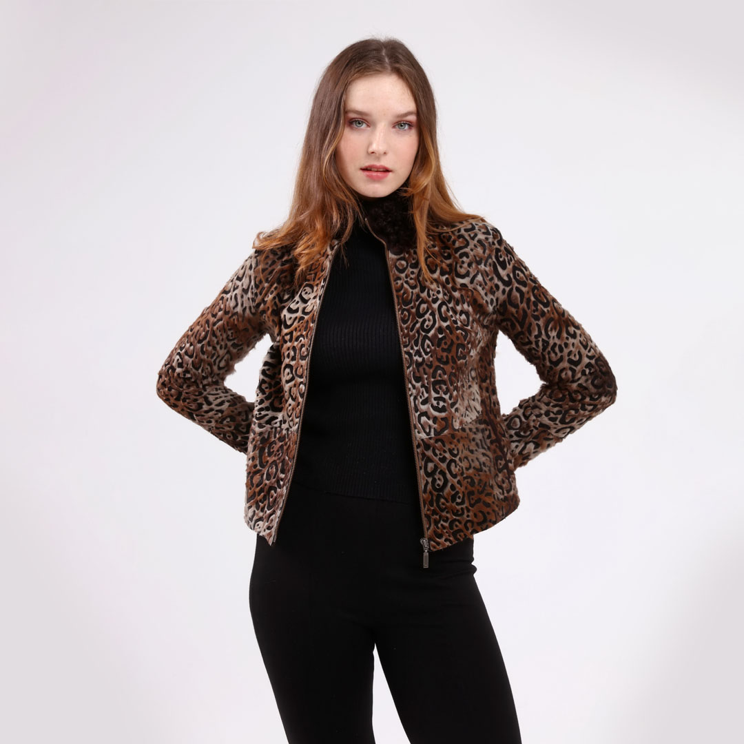 Hakiki Deri Kahverengi Kadın Leopar Desenli Ceket