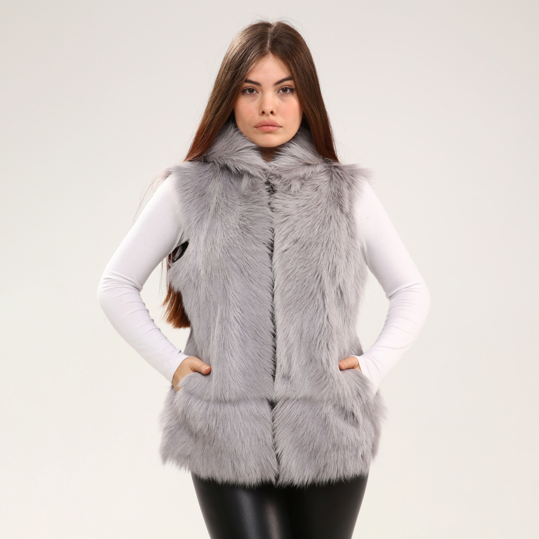 Hakiki Deri Kapüşonlu Gri Kadın Deri Yelek