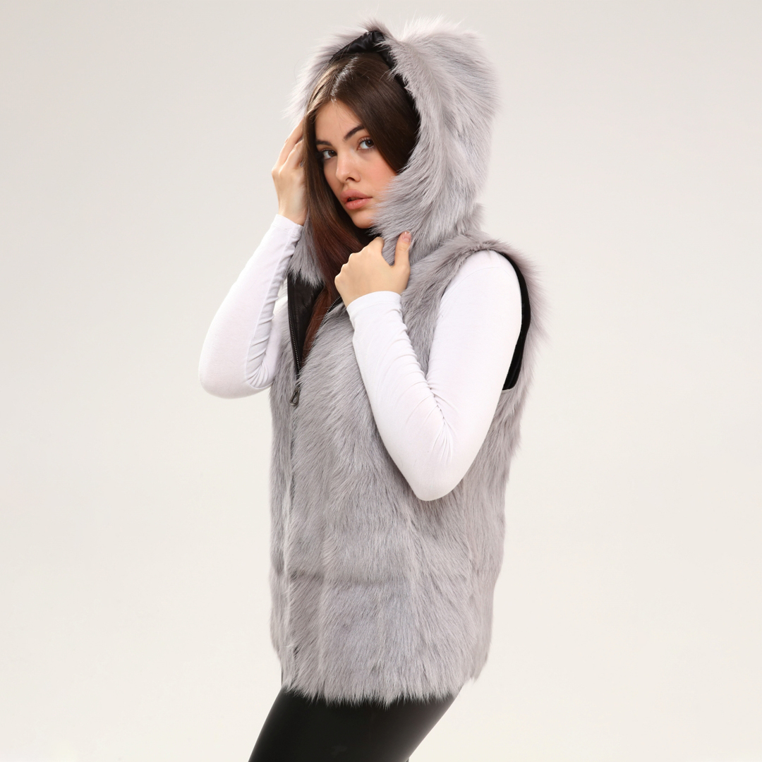 Hakiki Deri Kapüşonlu Gri Kadın Deri Yelek