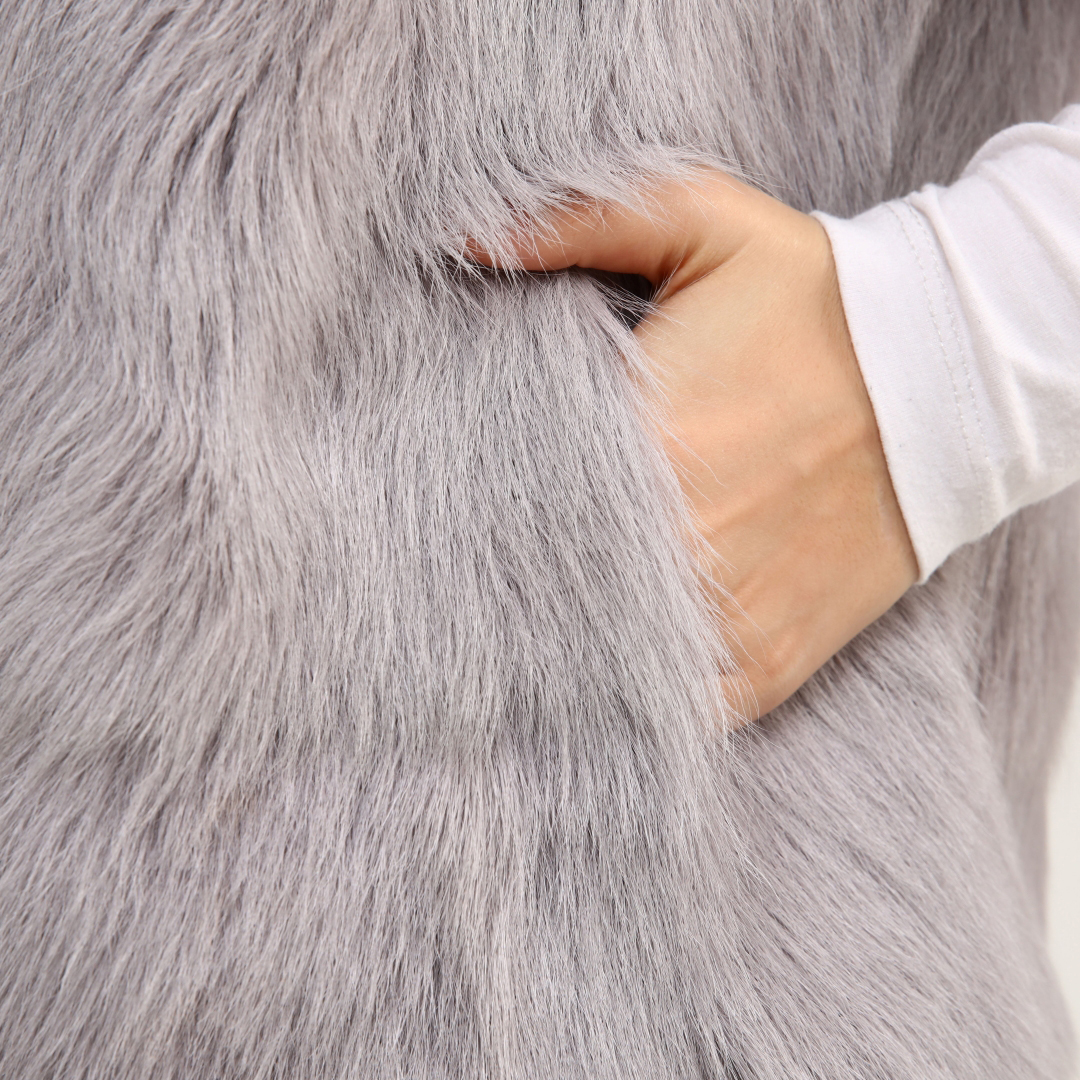 Hakiki Deri Kapüşonlu Gri Kadın Deri Yelek