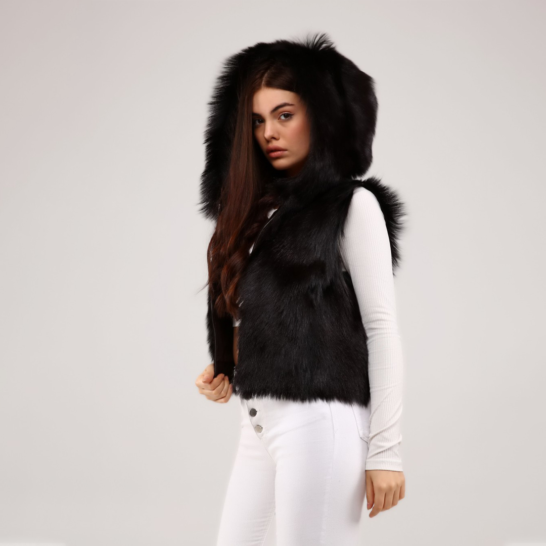 Hakiki Deri Kapüşonlu Kahve Kadın Deri Yelek