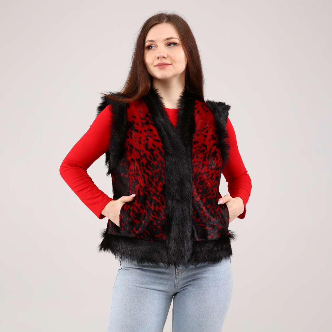Genuine Leather Red Women's Patterned Leather Vest