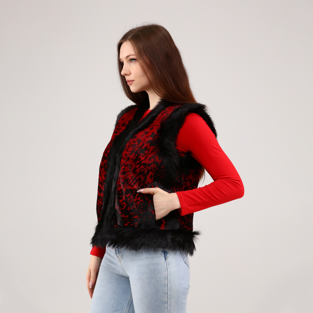 Genuine Leather Red Women's Patterned Leather Vest