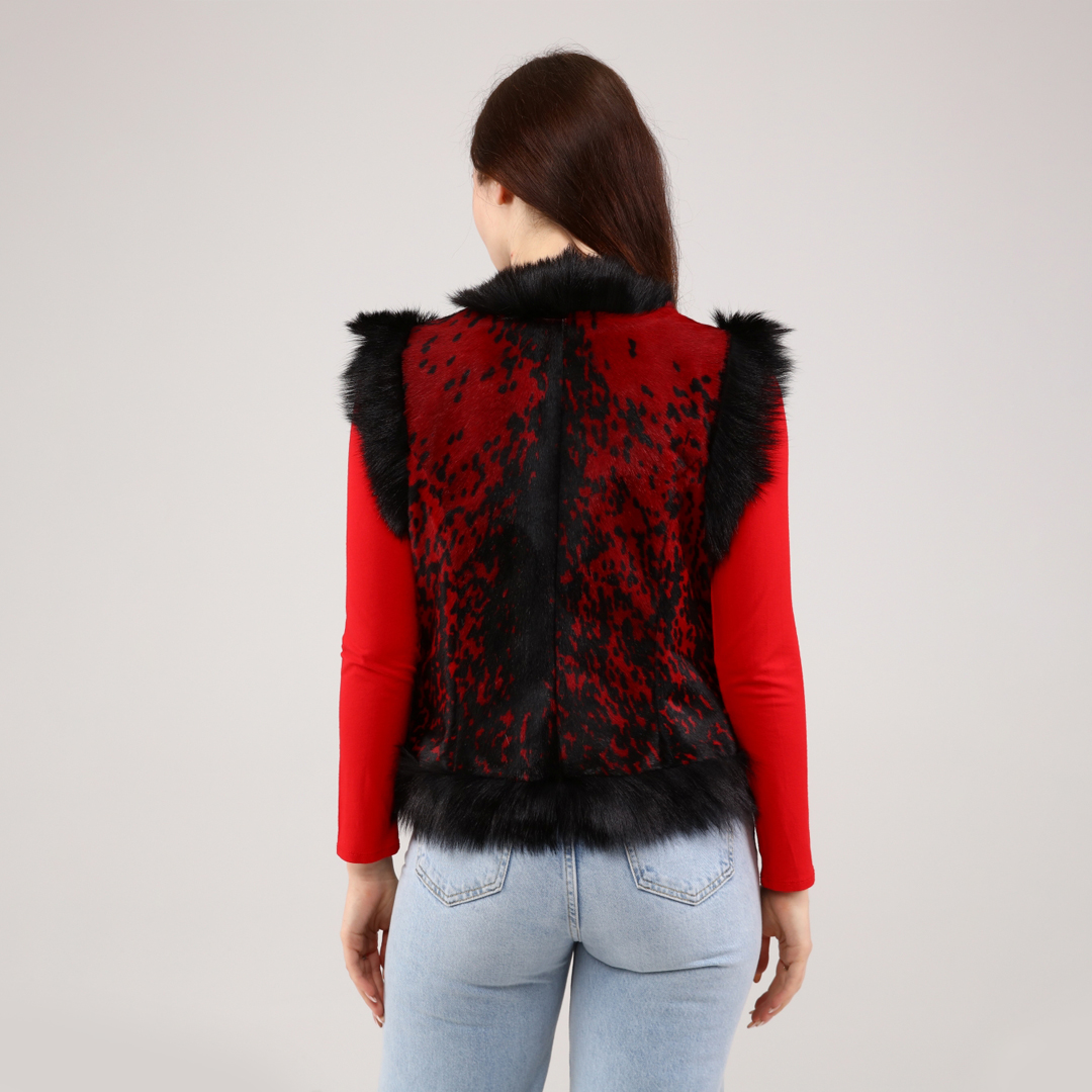 Genuine Leather Red Women's Patterned Leather Vest