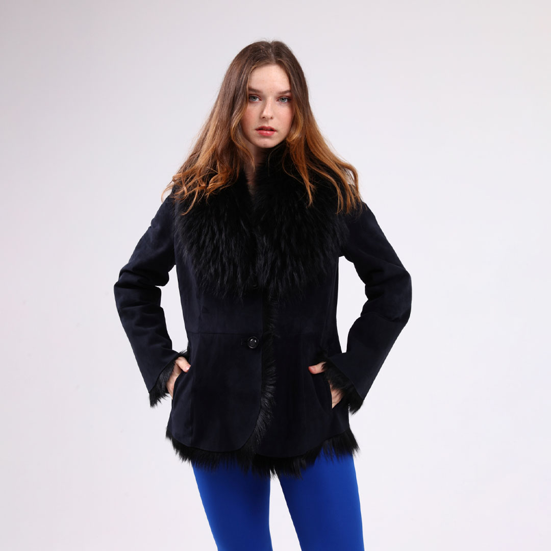 Hakiki Deri Lacivert Kadın Süet Deri Kaban