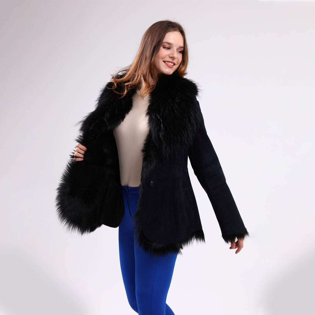 Hakiki Deri Lacivert Kadın Süet Deri Kaban