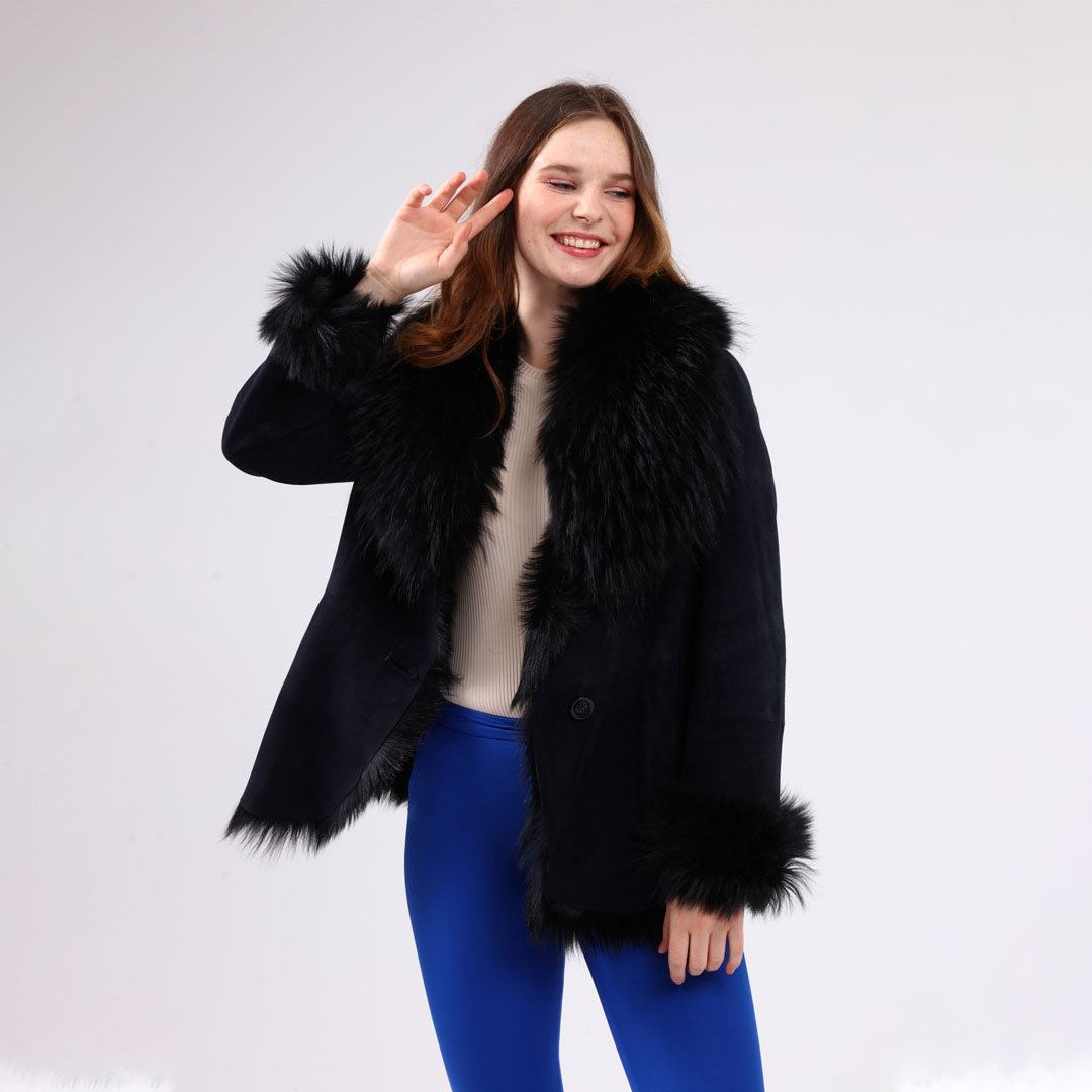 Hakiki Deri Lacivert Kadın Süet Deri Kaban