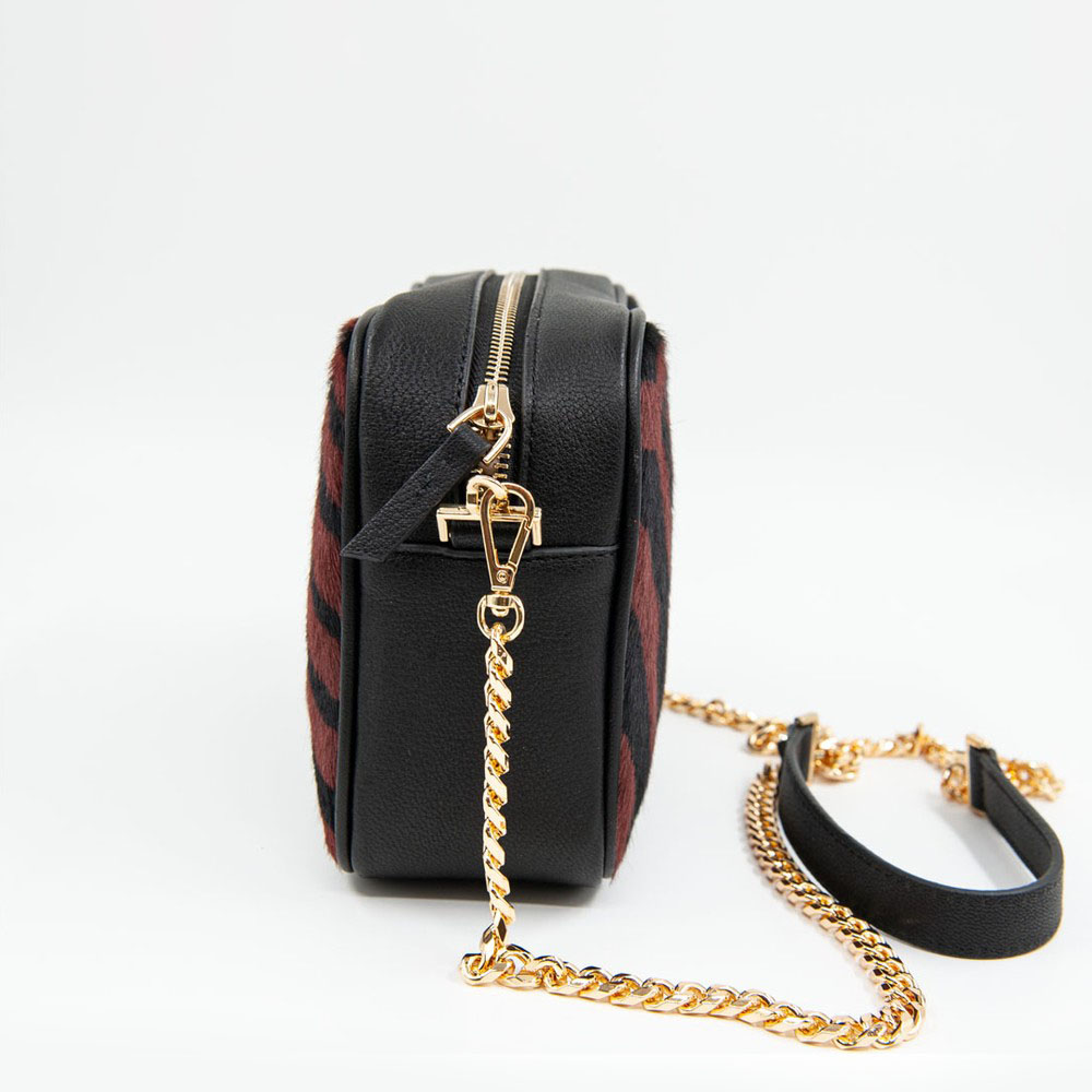 Genuine Leather Dark Henna Women's Zebra Printed Leather Shoulder Bag