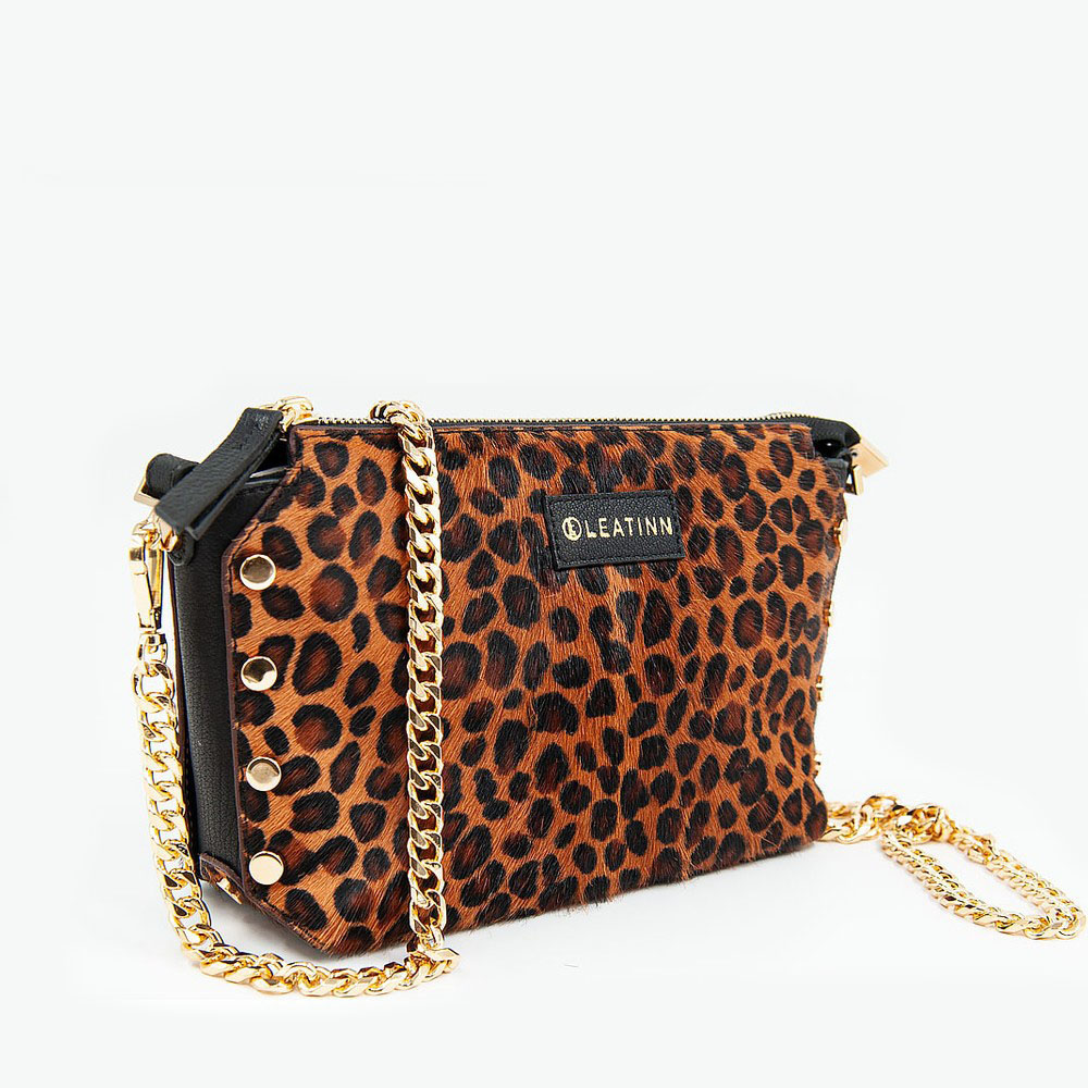 Genuine Leather Dark Whiskey Women Leopard Printed Leather Shoulder Bag