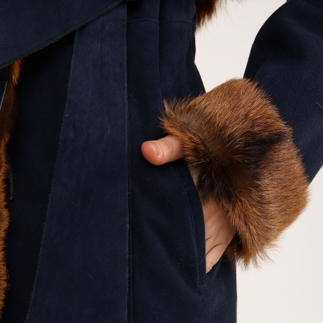 Genuine Leather Navy Blue Women's Suede Leather Coat