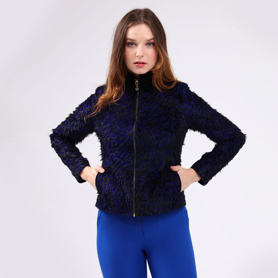 Hakiki Deri Saks Kadın Leopar Desenli Ceket