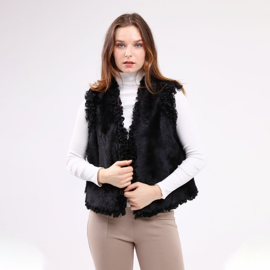 Hakiki Deri Siyah Kadın Angora Deri Yelek