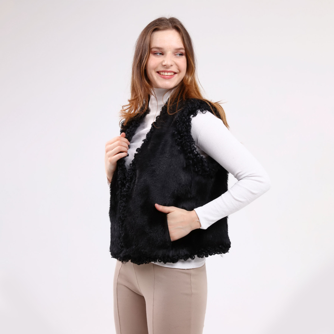 Hakiki Deri Siyah Kadın Angora Deri Yelek