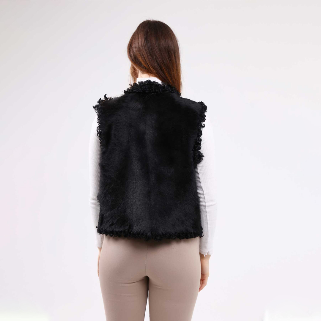Hakiki Deri Siyah Kadın Angora Deri Yelek