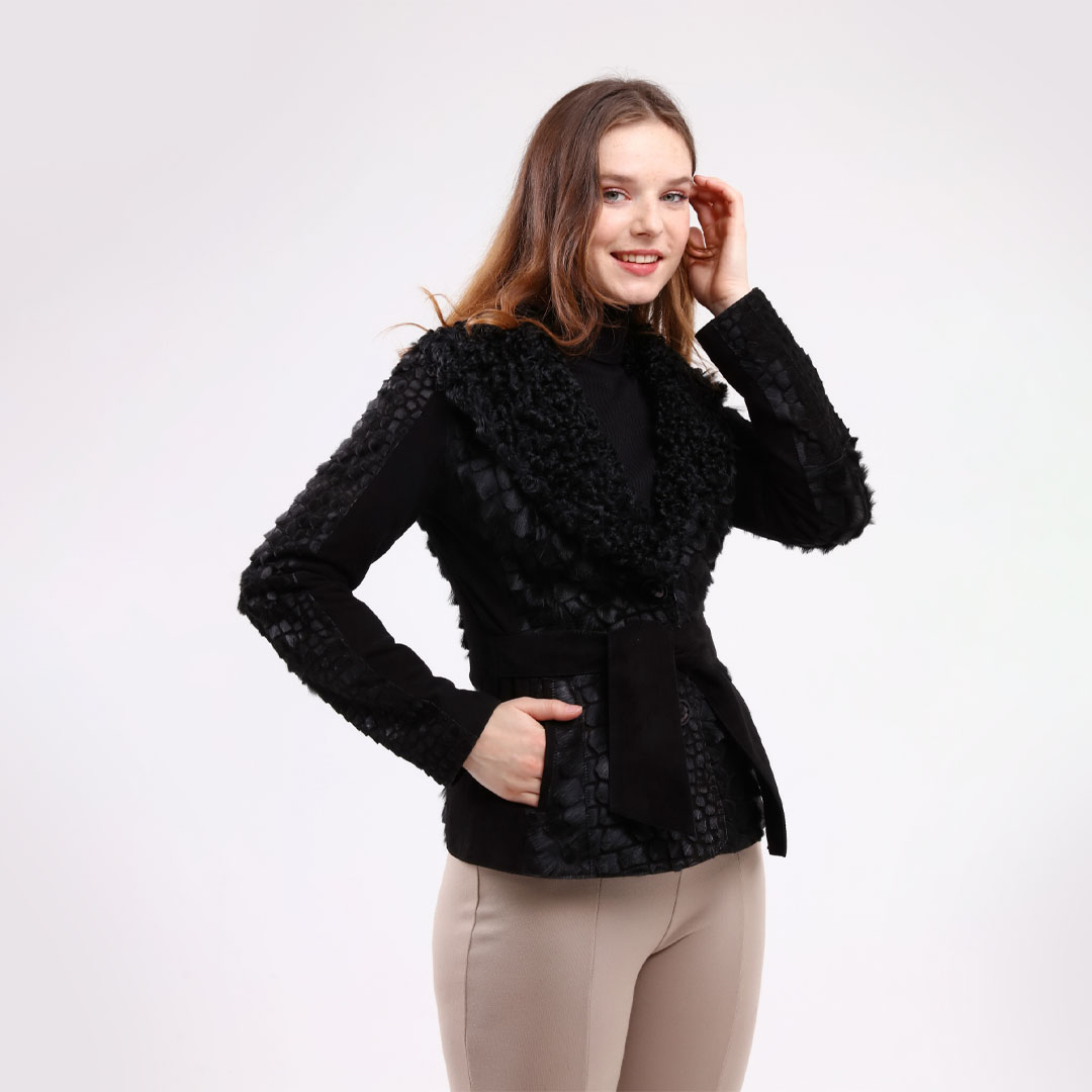 Hakiki Deri Siyah Kadın Kroko Desenli Ceket