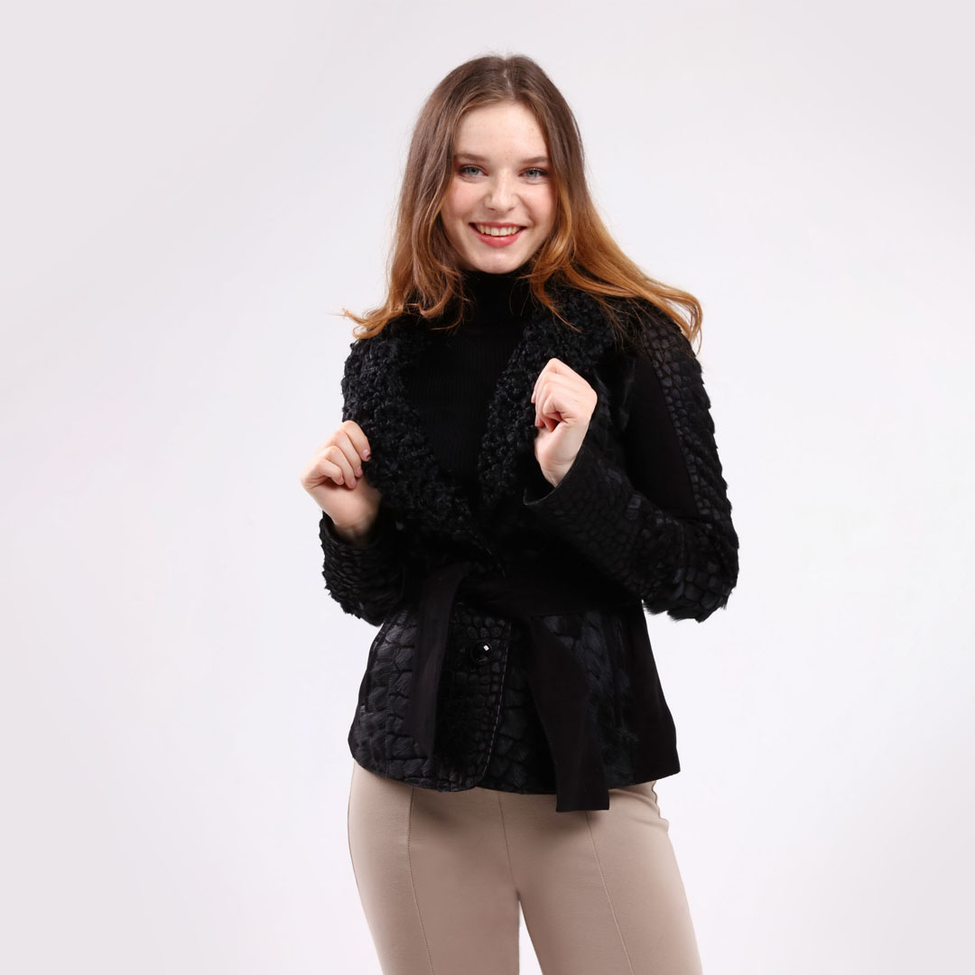 Hakiki Deri Siyah Kadın Kroko Desenli Ceket