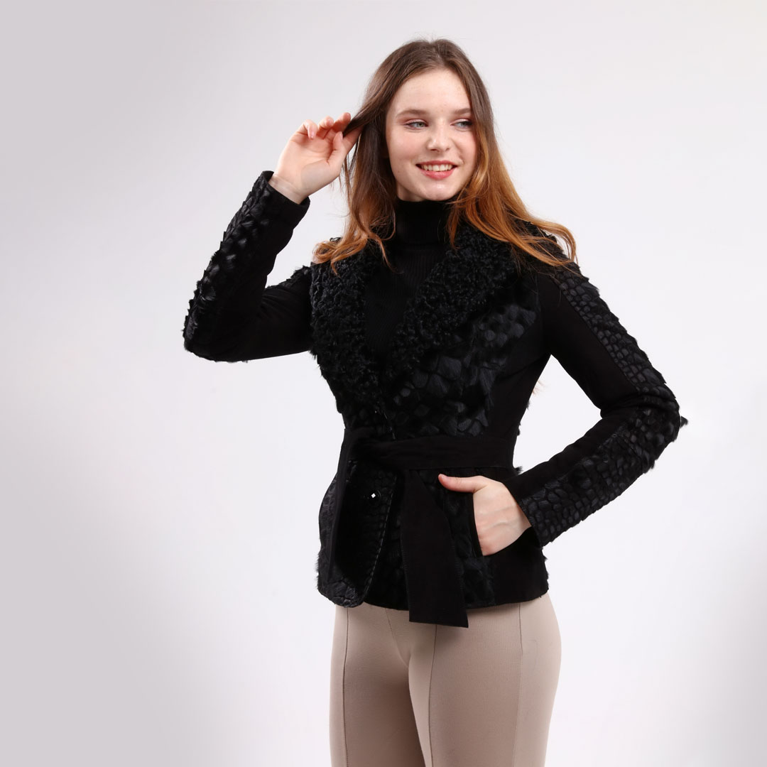 Hakiki Deri Siyah Kadın Kroko Desenli Ceket