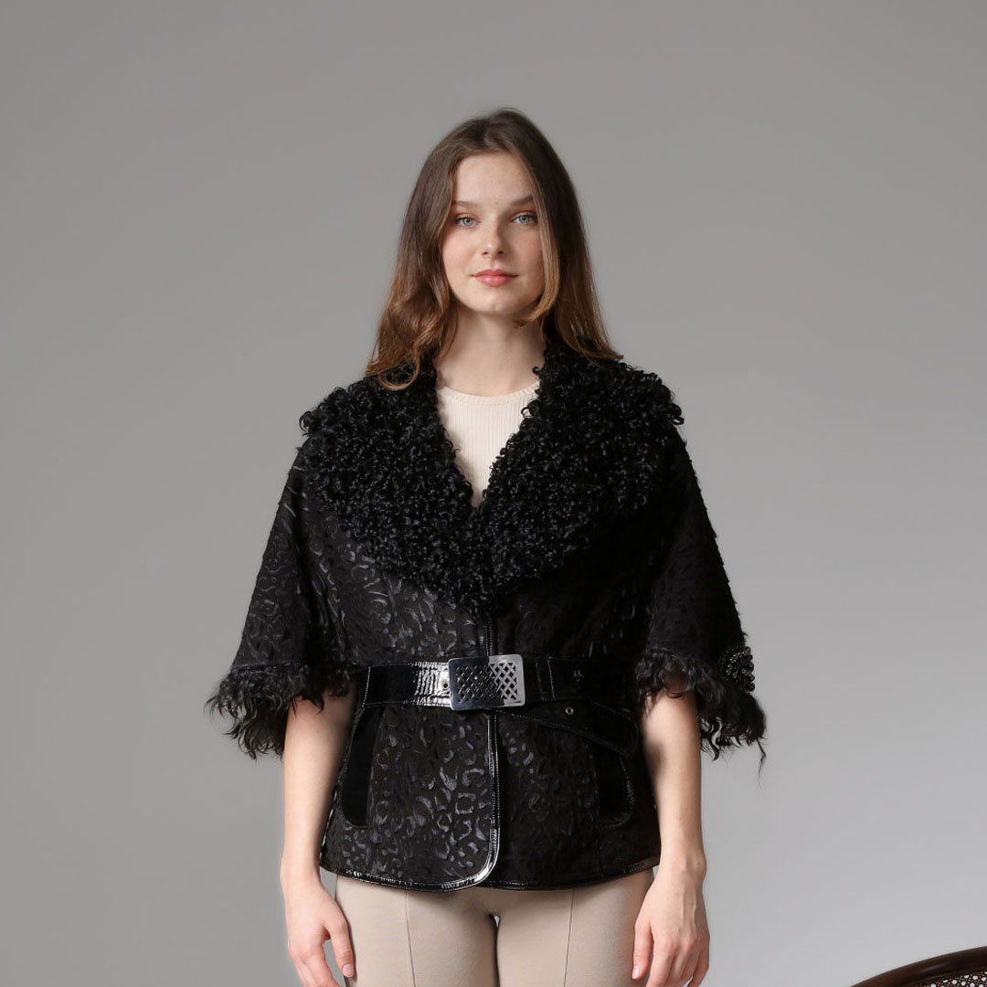 Hakiki Deri Siyah Kadın Leopar Desenli Ceket