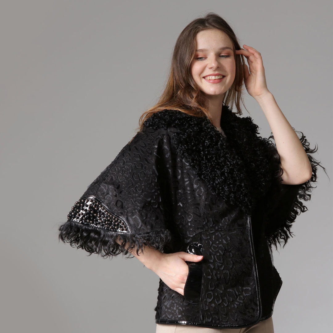 Hakiki Deri Siyah Kadın Leopar Desenli Ceket