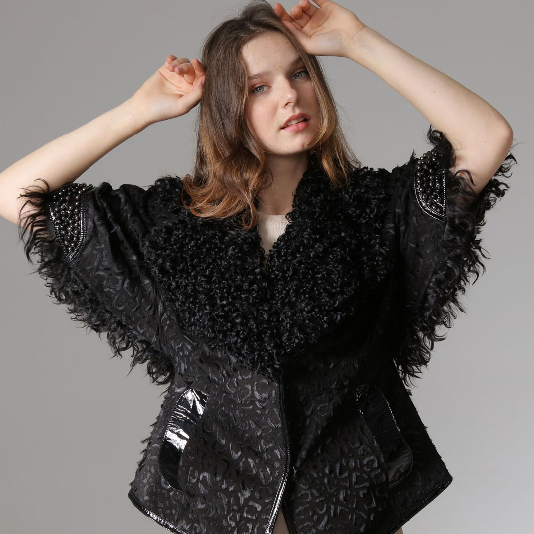 Hakiki Deri Siyah Kadın Leopar Desenli Ceket