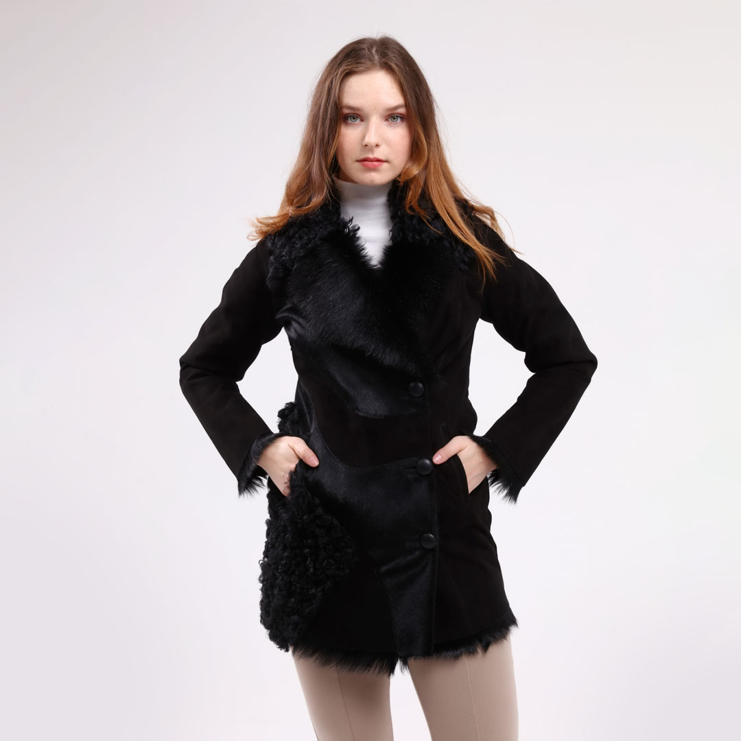 Hakiki Deri Siyah Kadın Süet Deri Kaban