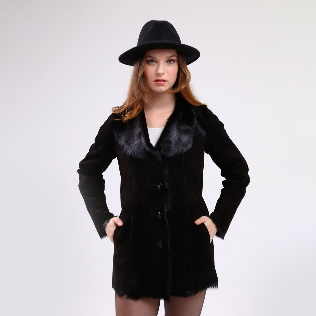 Hakiki Deri Siyah Kadın Süet Deri Kaban