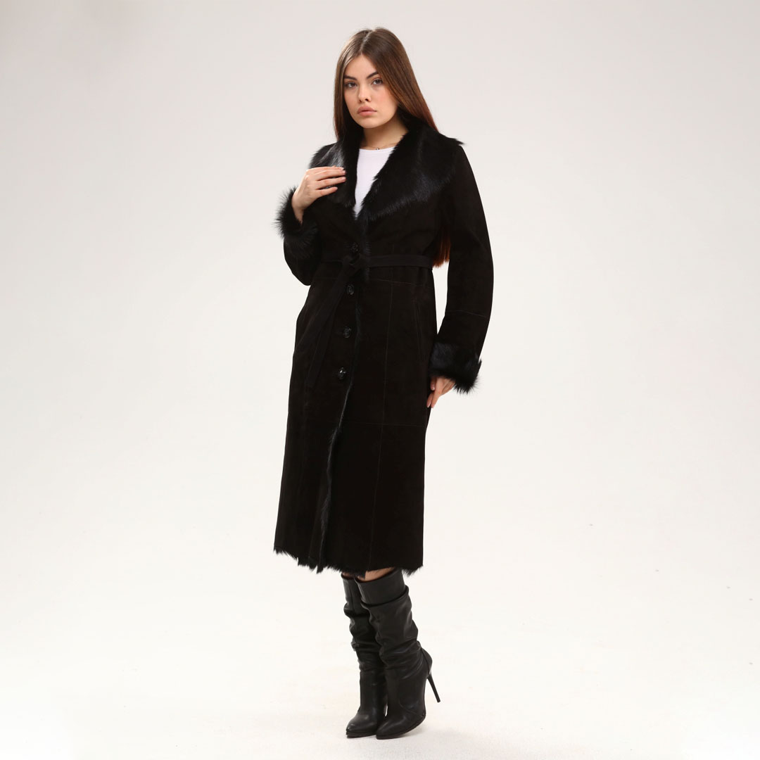 Hakiki Deri Siyah Kadın Süet Deri Kaban