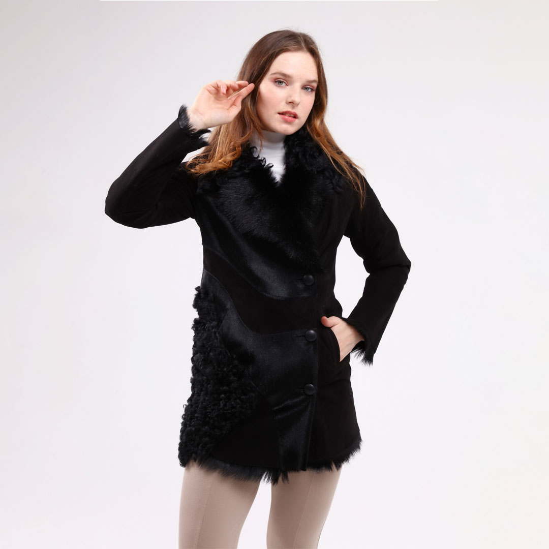 Hakiki Deri Siyah Kadın Süet Deri Kaban