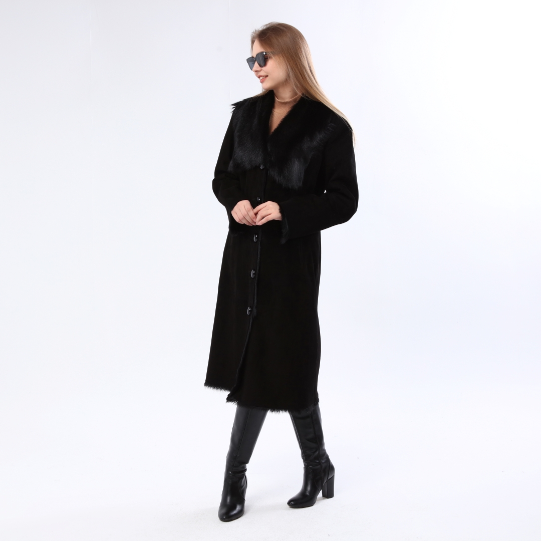 Hakiki Deri Siyah Kadın Süet Deri Kaban