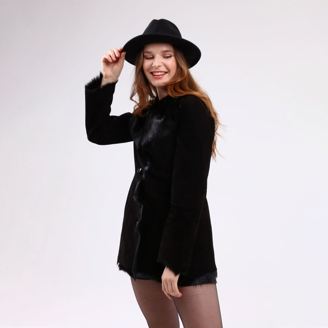 Hakiki Deri Siyah Kadın Süet Deri Kaban