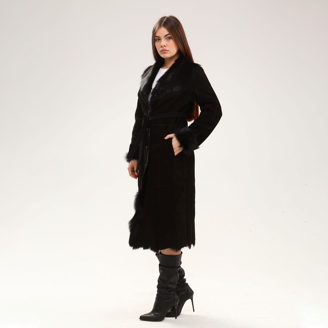 Hakiki Deri Siyah Kadın Süet Deri Kaban