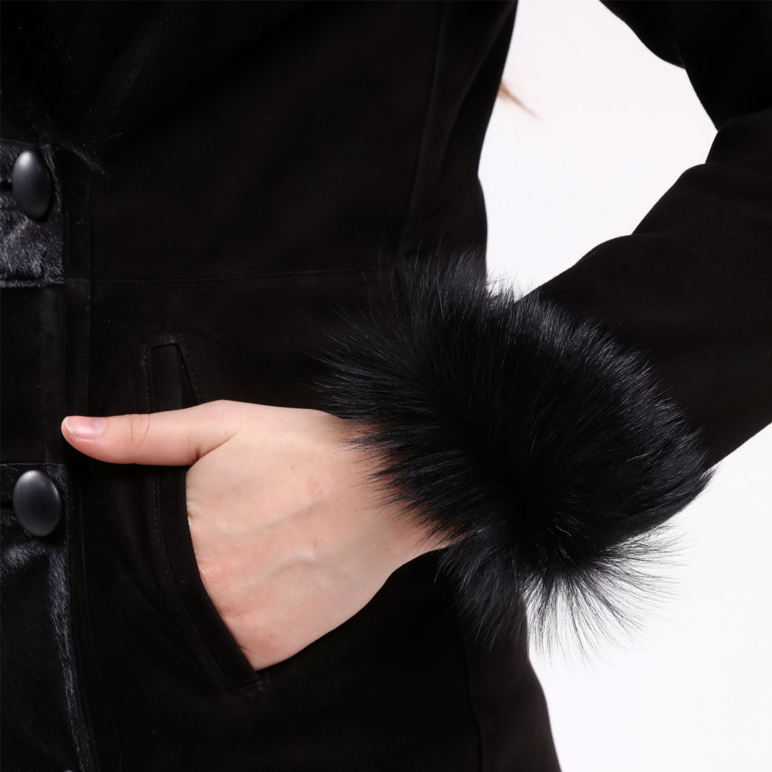 Hakiki Deri Siyah Kadın Süet Deri Kaban