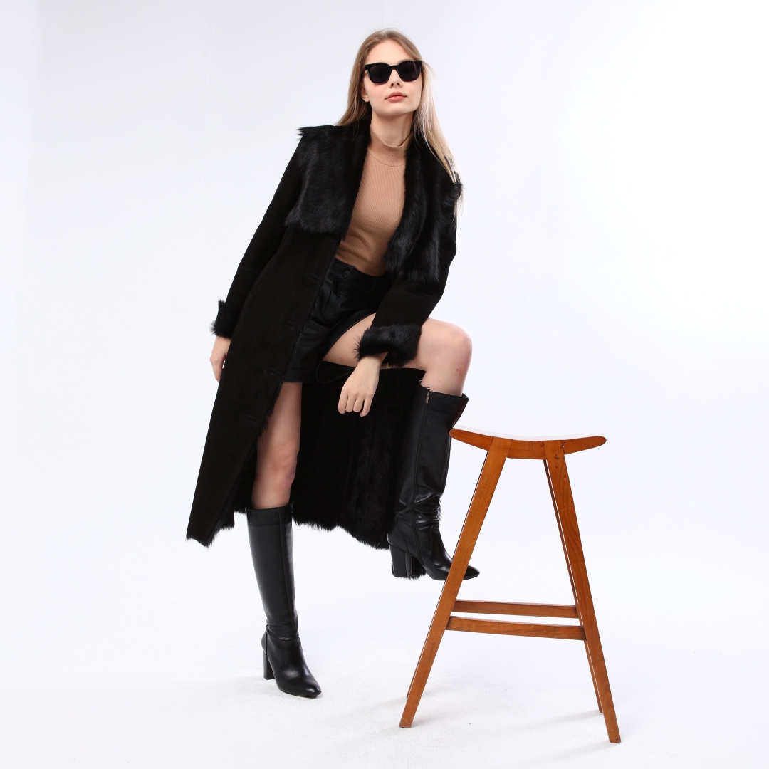 Hakiki Deri Siyah Kadın Süet Deri Kaban