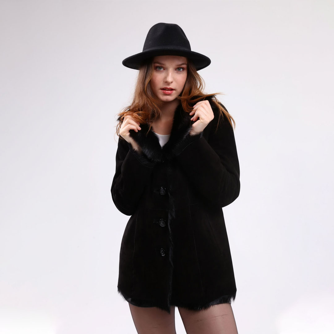 Hakiki Deri Siyah Kadın Süet Deri Kaban