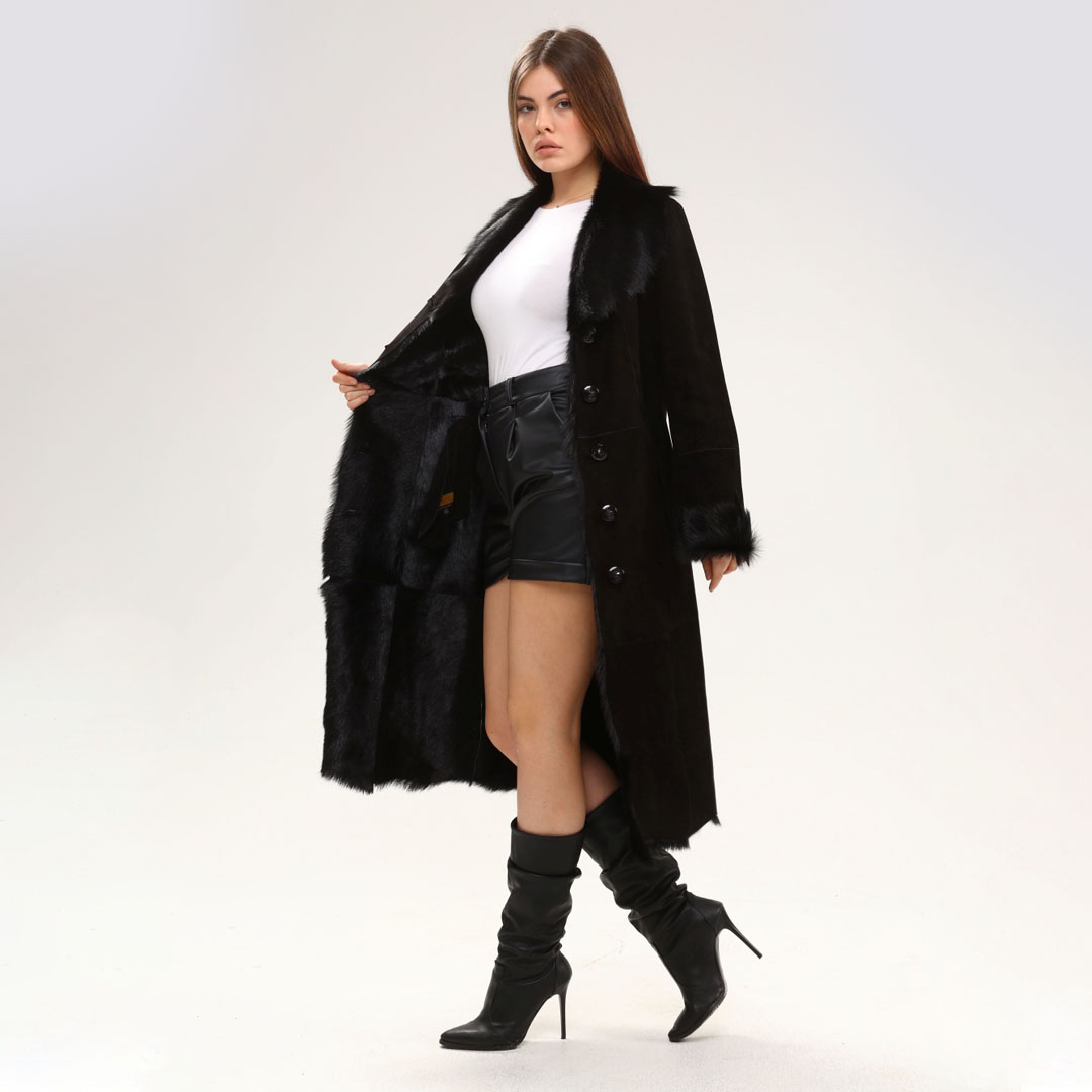 Hakiki Deri Siyah Kadın Süet Deri Kaban