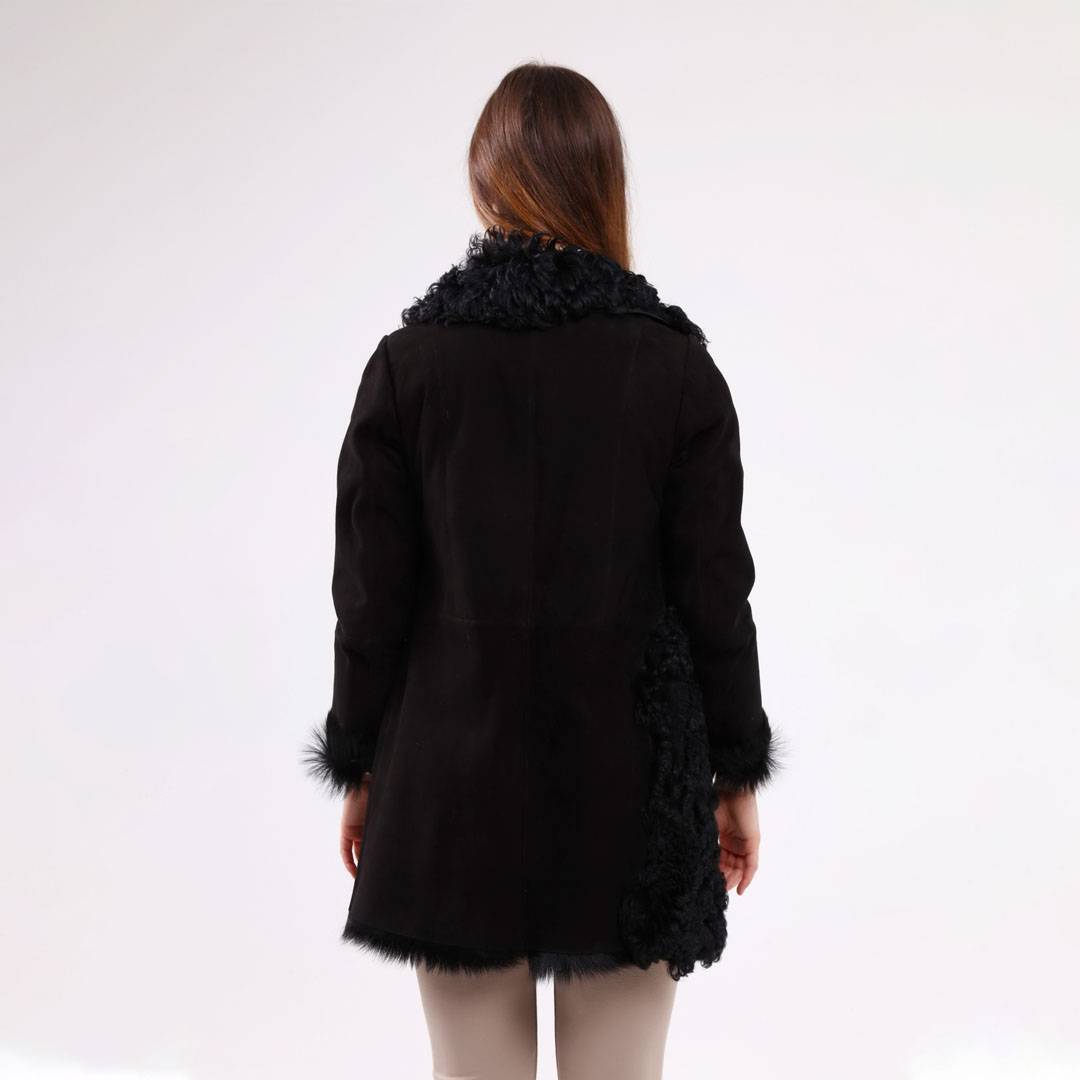 Hakiki Deri Siyah Kadın Süet Deri Kaban