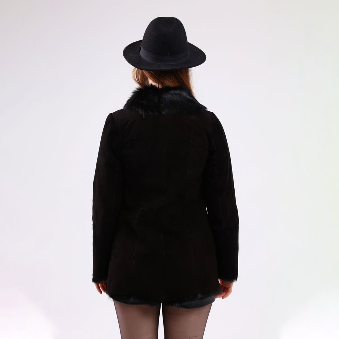 Hakiki Deri Siyah Kadın Süet Deri Kaban