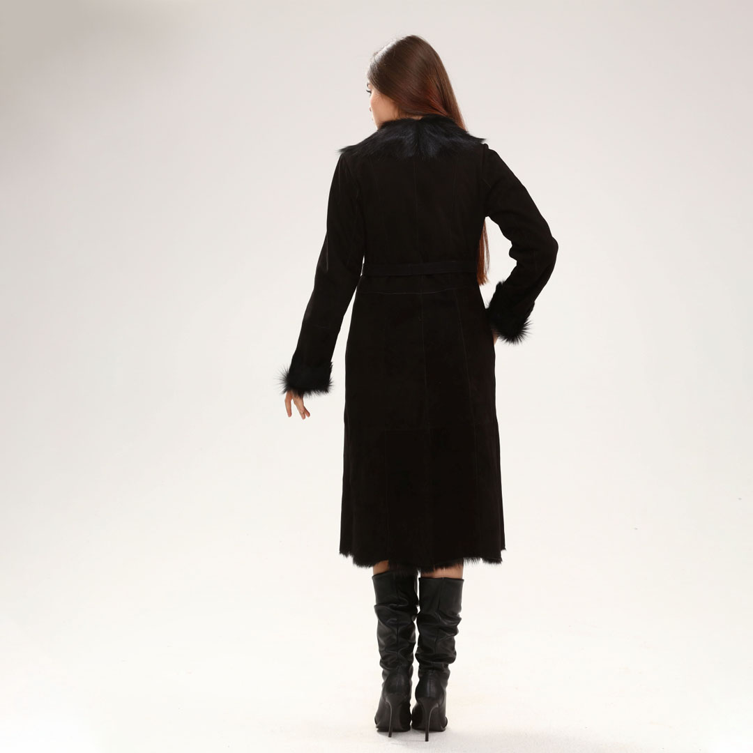 Hakiki Deri Siyah Kadın Süet Deri Kaban