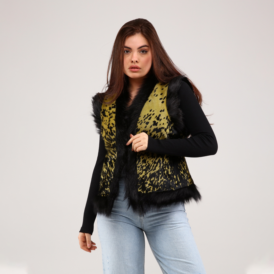 Hakiki Deri Yeşil Kadın Desenli Deri Yelek