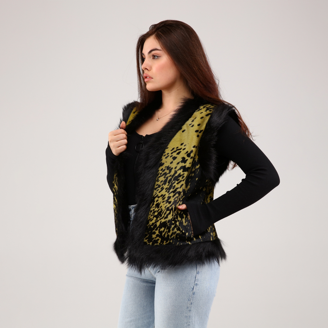 Hakiki Deri Yeşil Kadın Desenli Deri Yelek